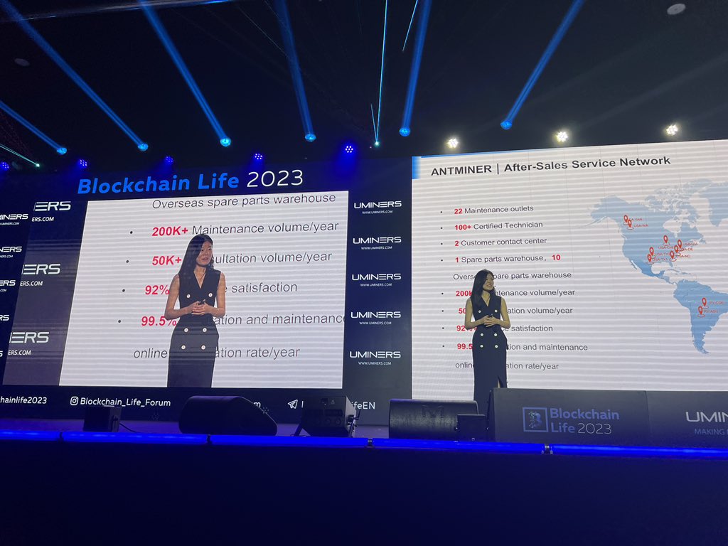SinoCrypto's tweet image. .@BITMAINtech Max Hua (CFO) and Irene Gao (Head of Global Sales) announcing their latest #bitcoin miner, the @Antminer_main T21 with hashrate specs of 190TH and 19J/T

#blockchainlife2023