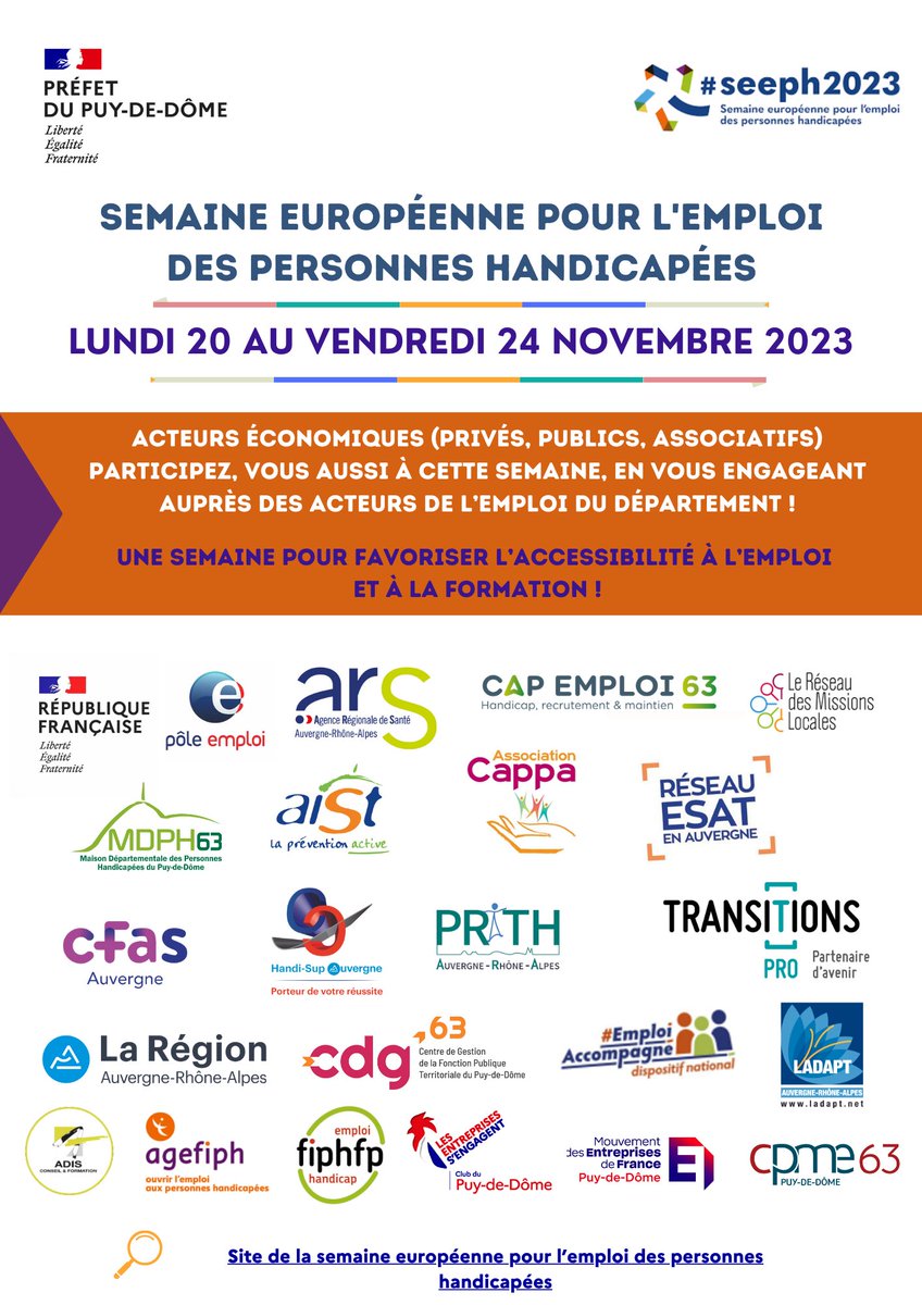 [#SEEPH2023]
27ème Semaine Européenne pour l'Emploi des Personnes Handicapées du 20 au 24/11 : 

🎯 Sensibiliser et impliquer autour de la question du handicap en milieu pro
✅️Amorcer un parcours d'insertion

Consultez les actions prévues dans le 63 :
 puy-de-dome.gouv.fr/Actions-de-l-E…