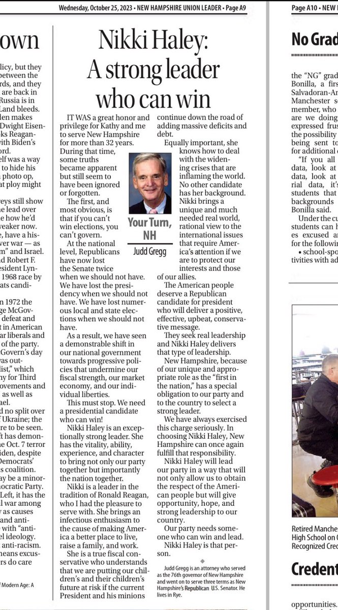 What they’re reading this morning in the New Hampshire @UnionLeader: “Judd Gregg: The nation needs @NikkiHaley: A strong leader who can win”