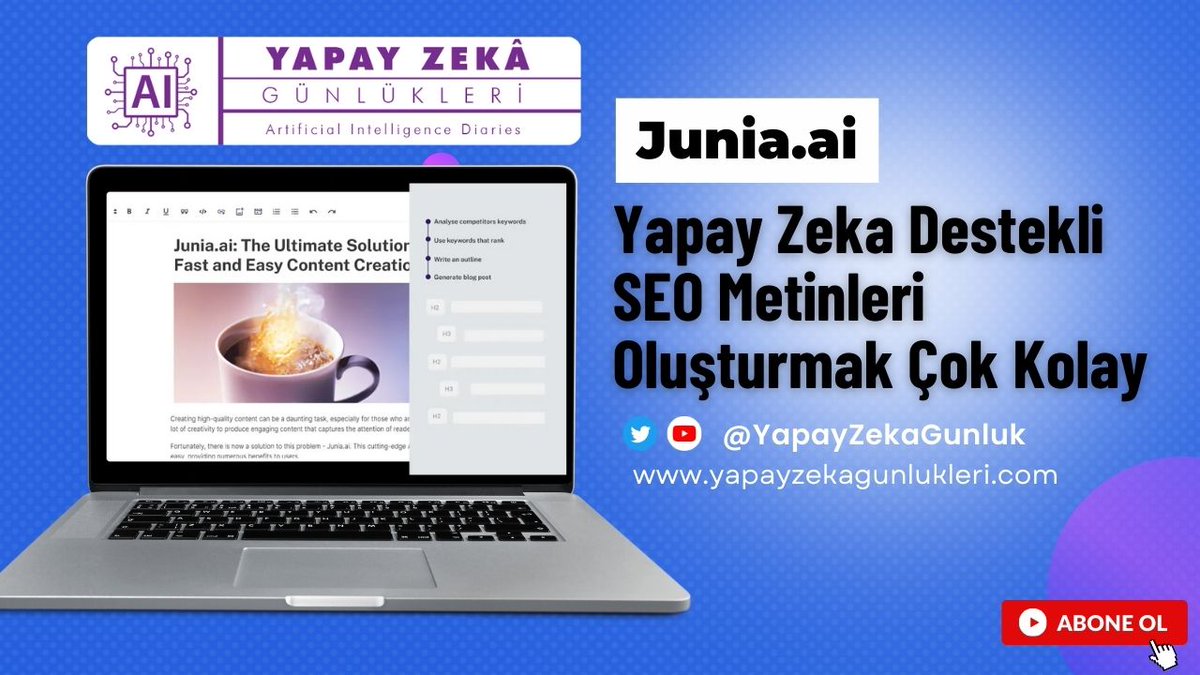 Yapay zeka ile içerik üretmenin açık ara lideri <a href="/Junia_ai/">Junia AI</a>  karşınızda. 

Bugüne kadar incelediğim blog yazma araçları arasında özellikleriyle açık ara önde olan bir uygulama. 

Sizlerle de paylaşmak ve nasıl blog yazısı hazırlanabileceğini göstermek istedim.

Buyurun;