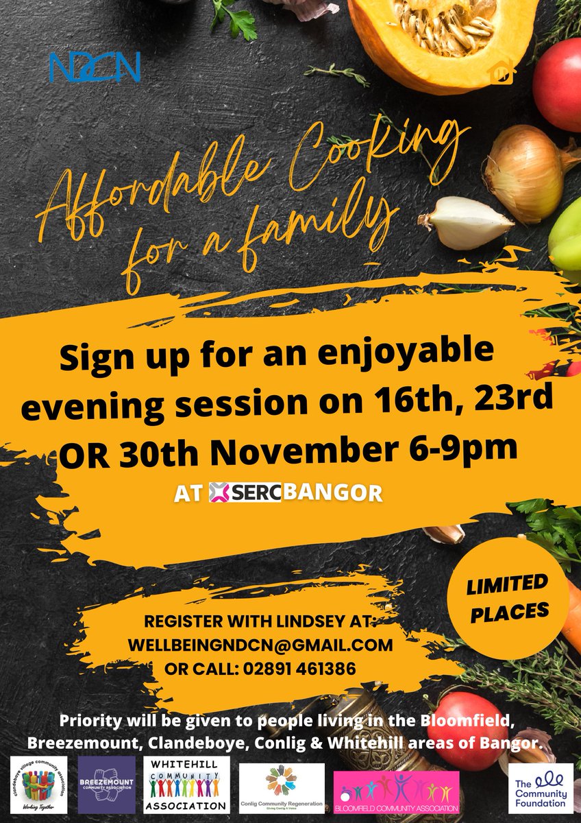 NDCN_Bangor's tweet photo. 🥘🍝Along with our friends at @S_ERC, we are delighted to offer an evening of cooking affordable family meals, with all ingredients provided &amp; you’ll be able to take away the home-cooked meal afterwards to enjoy. 🍝🥘 Contact Lindsey on wellbeingndcn@gmail.com to register. https://t.co/gM0JqmhZnQ