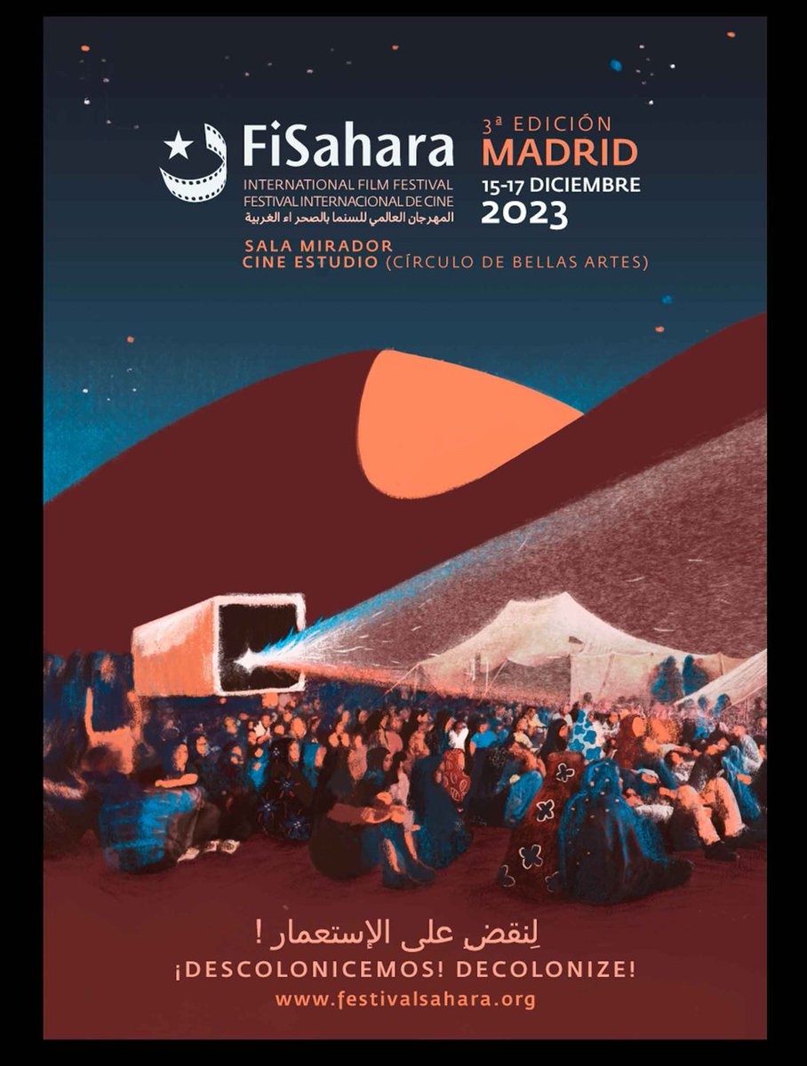 🚨ya es oficial el Cartel de la próxima edición del #FiSahara en Madrid            📌 La próxima edición se celebra bajo la lema #Descolonicemos al igual que la última edición que se celebraró en  los campo de Auserd        
  #EFA|#CineSaharawi |#SaharaLibre 🇪🇭