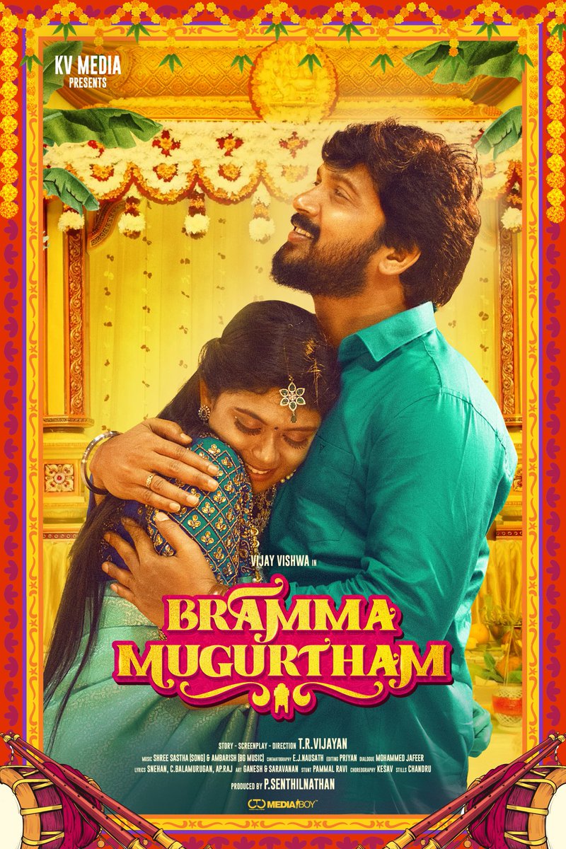 Here you go! The Colourful First Look of #BrammaMugurtham is OUT now ft @VijayVishwaOffi #Abharna The @kvmedia__ 's Production No1 #PSenthilNathan #TRVijayan #SriSastha #Nowshat #Priyan @rajapro112516 @CtcMediaboy