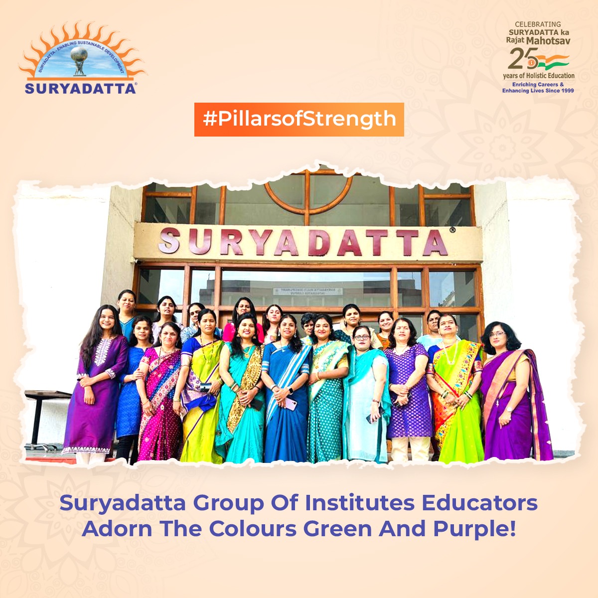 Our incredible #womeneducators and #diligentstaff, adorned in resplendent shades of green and purple, unite to share the joy and light up our campus with their infectious smiles. Join us in embracing the #festive spirit and rejoicing in the splendor of #Navratri! #LifeATSGI