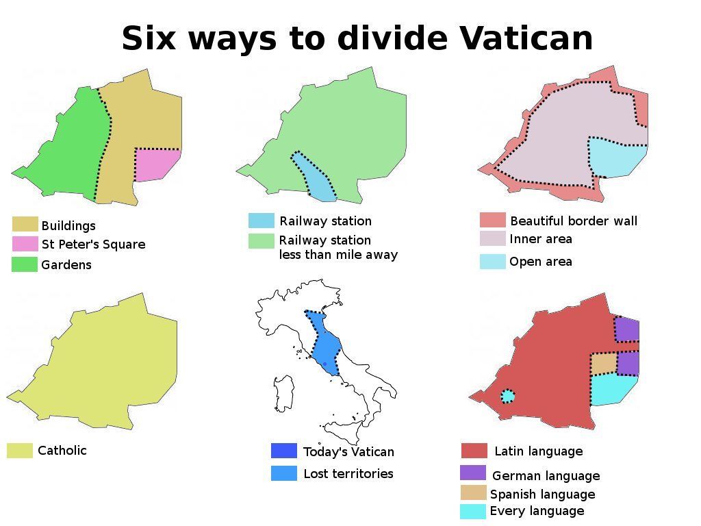 Absolutely hilarious map (a rather common type of map meme) shows six ways to divide the Vatican. Pretty funny. Source: buff.ly/4095iwF