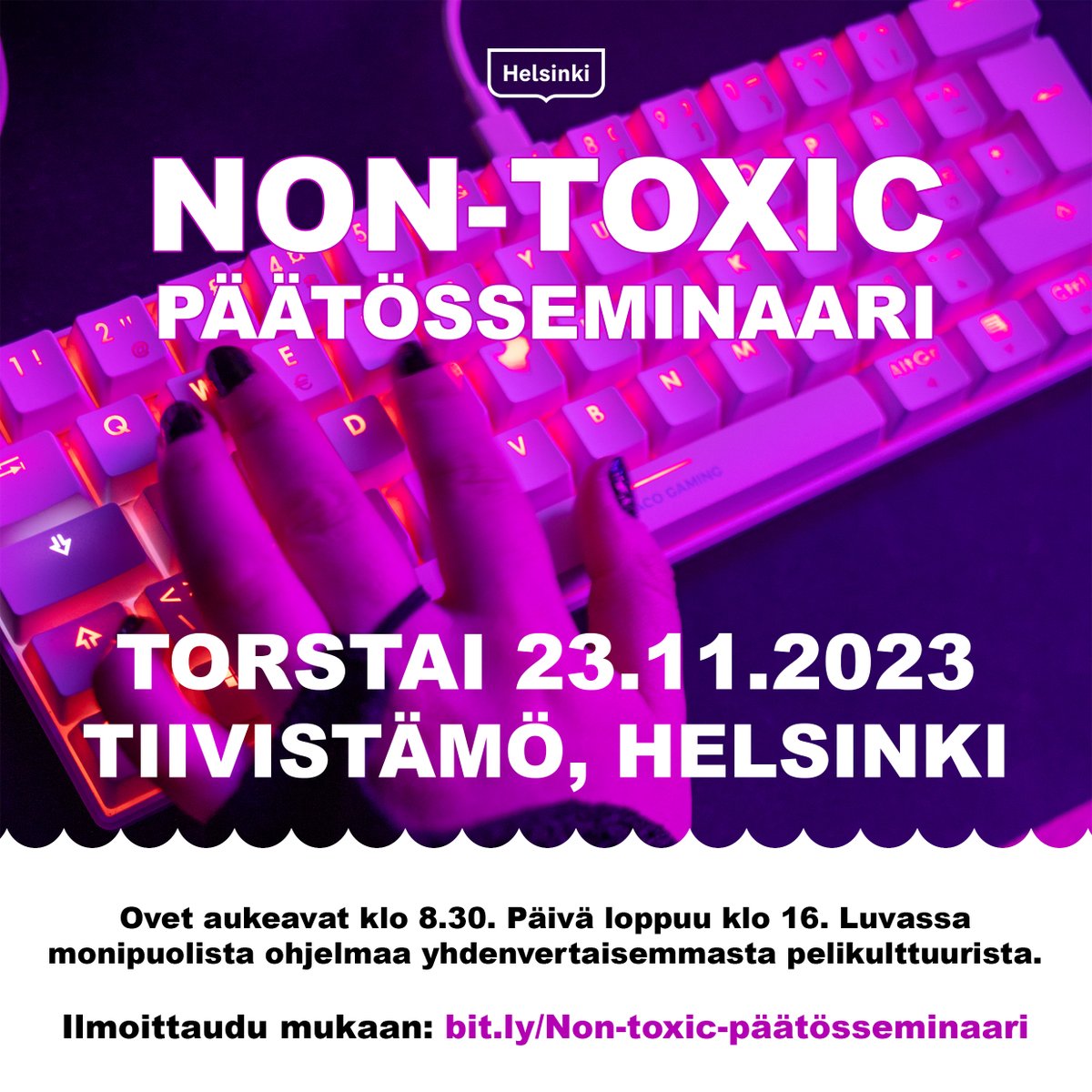 Sinut on kutsuttu Non-toxic päätösseminaariin! 🤩
On aika näyttää, mitä kaikkea hienoa yhdenvertaisuustyötä pelikulttuurin kentällä tehdään.
Seminaari järjestetään Helsingissä, Tiivistämöllä 23.11.2023. #NonToxicGaming #pelikasvatus #esportsfi
Ilmoittaudu: bit.ly/Non-toxic-päät…