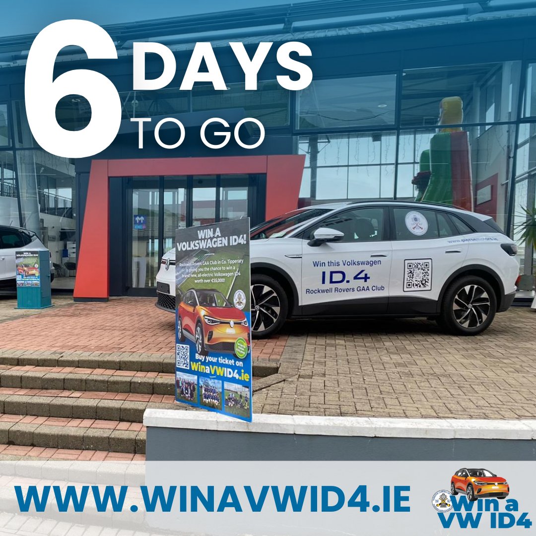 ✨ 6 DAYS TO GO ✨

You could be cruising around in Ireland's best selling EV very soon!

Our @RockwellRovers #WinAVWID4 draw takes place soon and one lucky person will win a brand new Volkswagen ID4 🤩

Time's running out, so pick up a ticket today 🎫➡ winavwid4.ie