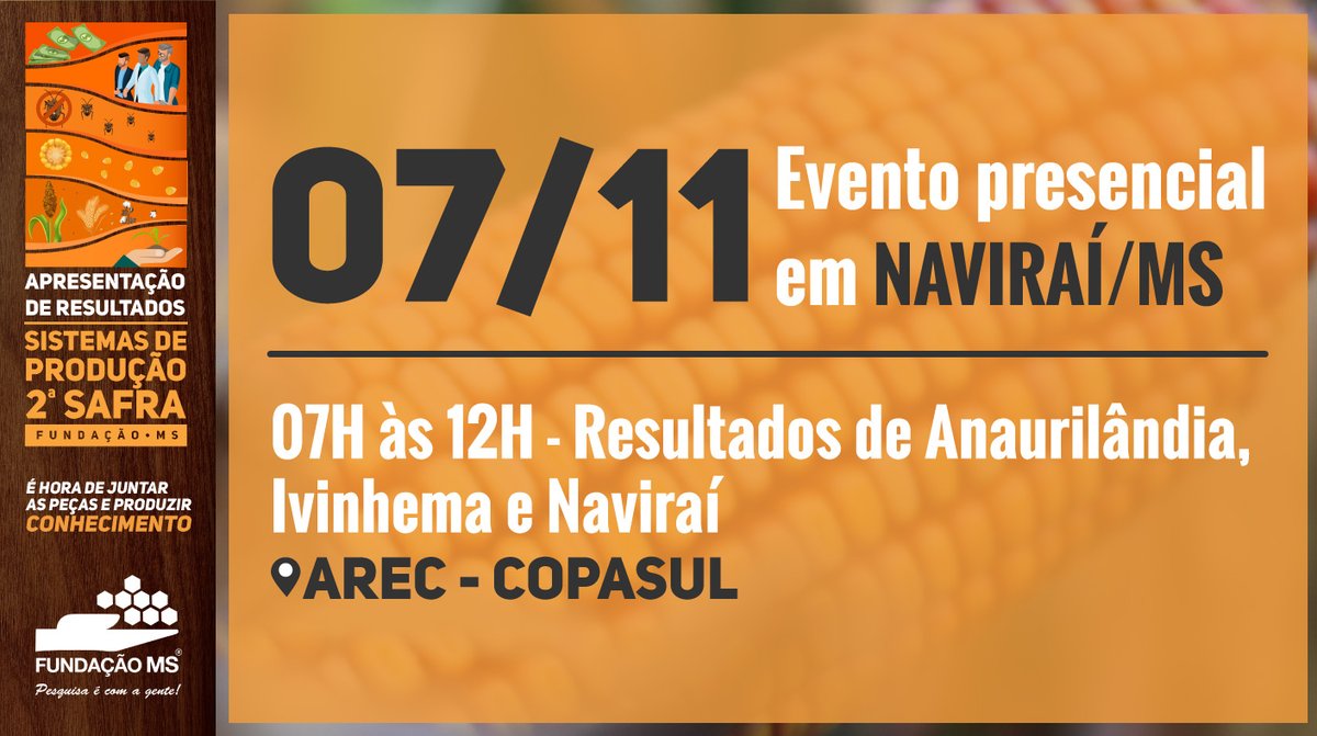 copasulcoop's tweet photo. A Copasul e a Fundação MS vão realizar dia 07/11, em Naviraí, a apresentação de resultados das pesquisas de 2ª safra. Os resultados são referentes aos estudos conduzidos UDTs de Anaurilândia, Ivinhema e Naviraí. Faça sua inscrição +: https://t.co/CRJ8gLNWpO #safrinha #milho #agro https://t.co/LmLuln21l6