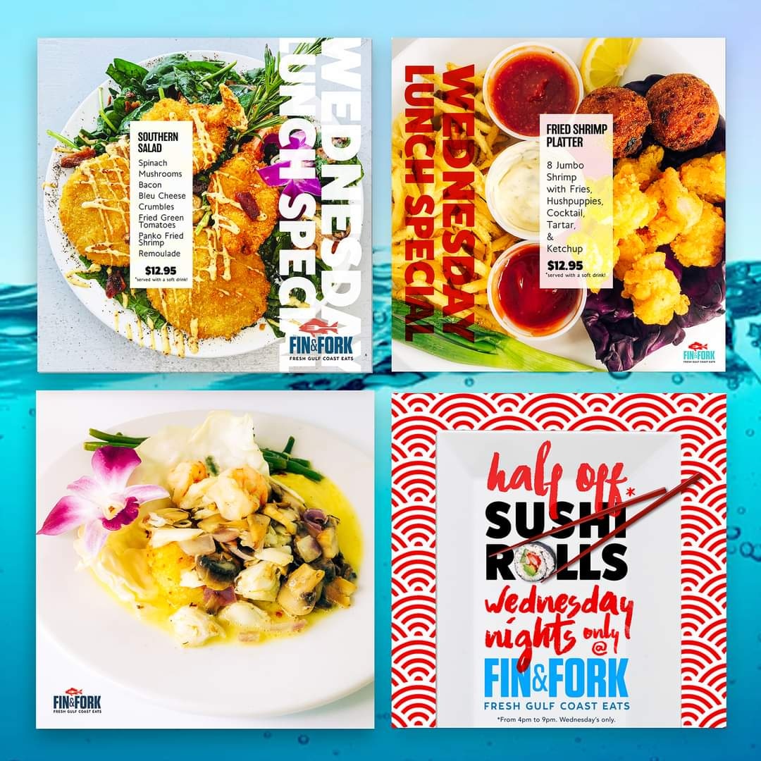 finandfork's tweet photo. Wednesday's are wonderful @Fin&amp;Fork! Lunch: Southern Salad or the Fried Shrimp Platter for $12.95 (comes with a soft drink). Dinner: Half off sushi rolls, or our Grouper Pontchartrain for only $22.95! #visitpensacola #experiencepensacola #wednesdayspecial #sushinight https://t.co/74tmWCxuI3