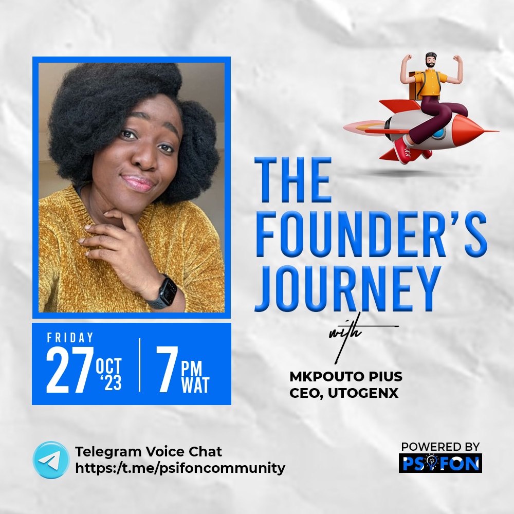 thepsifonorg's tweet photo. On Friday's episode of The Founder's Journey, Mkpouto Pius , CEO of Utogenx will be sharing nuggets and lessons learned from her entrepreneurship journey so far.
Join the conversation at 7pm this Friday on Telegram via https://t.co/zWpfsoaPJK
#psifonorg #TheFoundersJourney https://t.co/Nzo5FqewKc