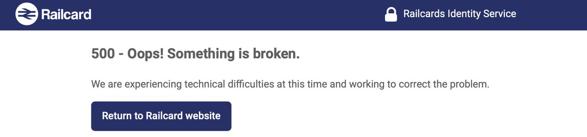 Summerstrategy2's tweet photo. @_Railcards Hi. I have literally been trying to renew my railcard for over a year. I have been emailing your team but response is sporadic. Every time i try and access my account, I am met with this. Please help! https://t.co/G7nYXn84gf