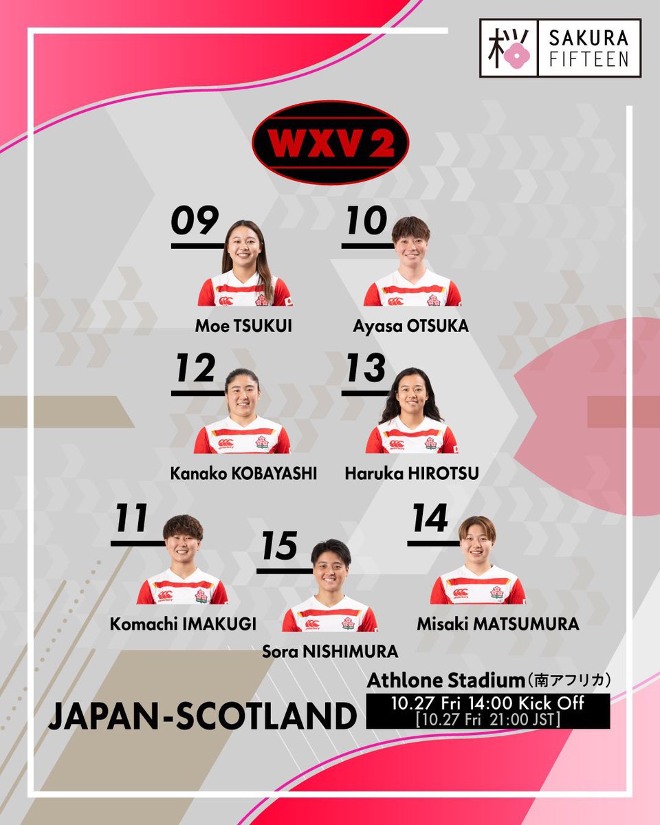 JRFURugby's tweet image. Here’s your Sakura Fifteen team to take on Scotland this Friday at #WXV2 

🇯🇵 Japan v Scotland 🏴󠁧󠁢󠁳󠁣󠁴󠁿
⏰ Friday 27 October, 21:00 
🏟 Cape Town 
💻 JSports On Demand 

We’re looking forward to your support 🫶🌸

#SakuraWave | #JPNvSCO
