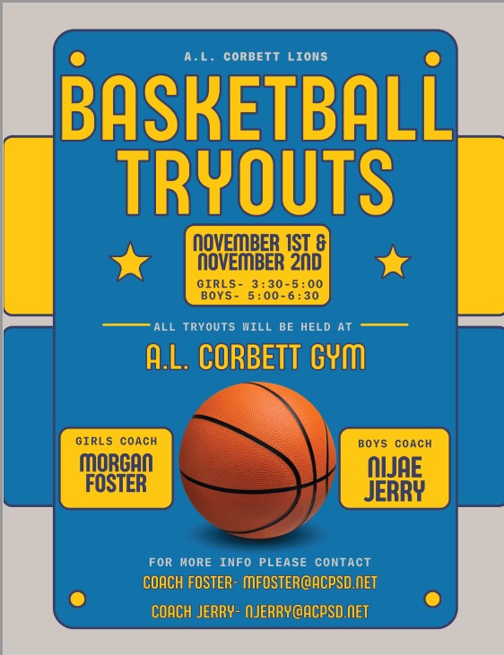 BASKETBALL TRYOUT UPDATE! Dates have changed for basketball tryouts, they will now be held WEDNESDAY, NOV. 1 and THURSDAY, NOV. 2.
Girls team tryouts will be 3:30-5.
Boys team tryouts will be 5-6:30.