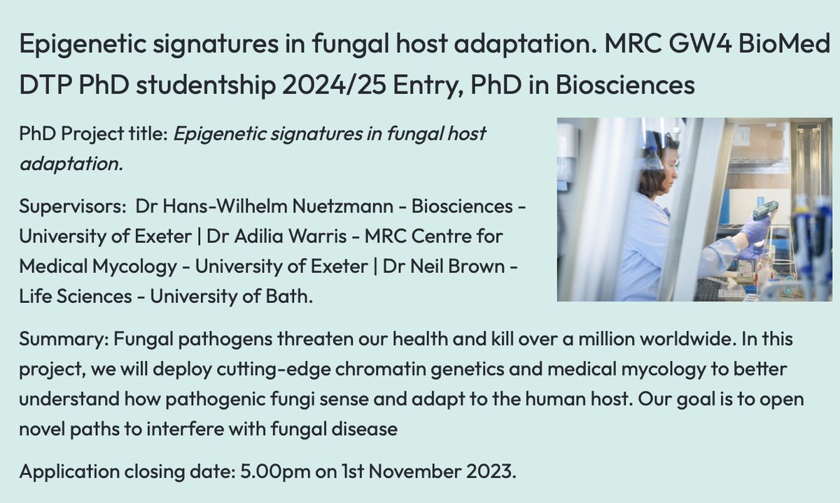Seána Duggan (@seanaduggan) on Twitter photo Pls RT: PhD position available with <a href="/genomeorglab/">@GenomeOrgLab</a> in Exeter across <a href="/UoEBiosciences/">Exeter Biosciences</a> & <a href="/MRCcmm/">MRC Centre for Medical Mycology</a> using chromatin genetics to understand how pathogenic fungi adapt to their human host @GW4BioMedDTP #AcademicTwitter #phdlife
exeter.ac.uk/study/funding/… Pls RT: PhD position available with <a href="/genomeorglab/">@GenomeOrgLab</a> in Exeter across <a href="/UoEBiosciences/">Exeter Biosciences</a> & <a href="/MRCcmm/">MRC Centre for Medical Mycology</a> using chromatin genetics to understand how pathogenic fungi adapt to their human host @GW4BioMedDTP #AcademicTwitter #phdlife
exeter.ac.uk/study/funding/…