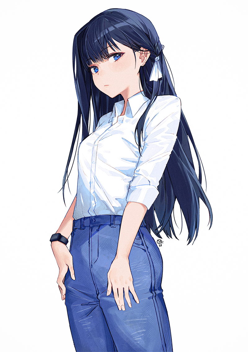 1girl solo shirt long hair blue eyes pants white shirt  illustration images