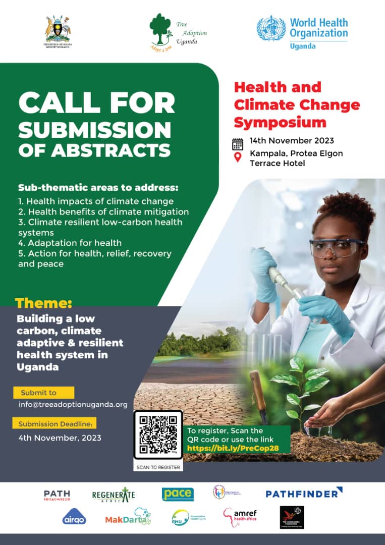 tree_adoptionug's tweet photo. Join our Health and Climate Symposium happening on 14th Nov. 2023 to strengthen communities and combat the health effects of climate change! 🌍
📝 Submit your abstracts to: info@treeadoptionuganda.org
#ClimateHealthUganda #Call4Abstracts #COP28 https://t.co/leojYGAEzP
