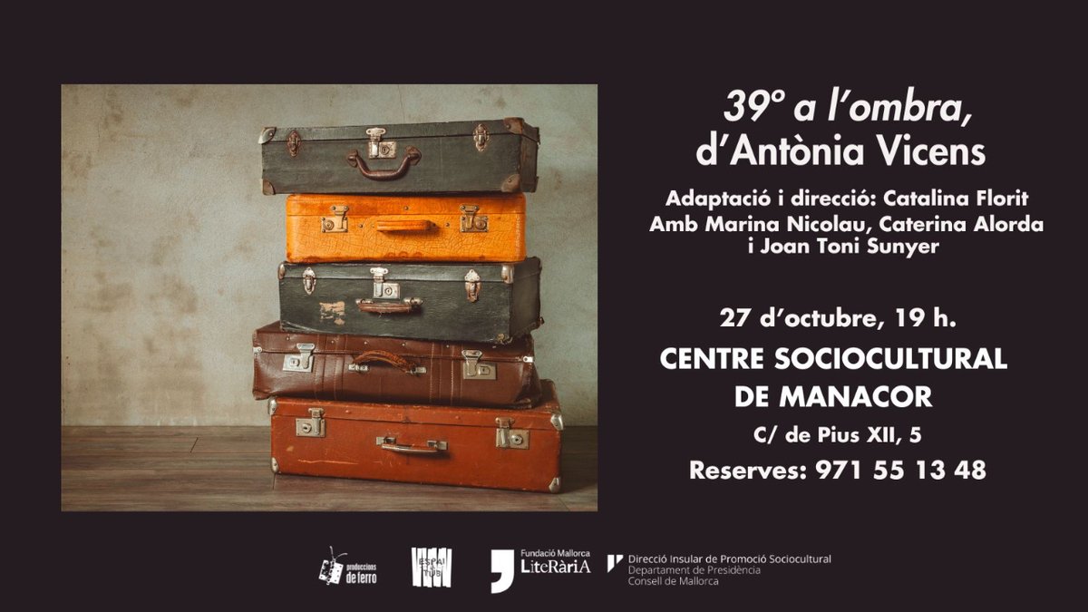 Produccions de Ferro (@proddeferro) on Twitter photo Si no vàreu poder veure l'adaptació que #CatalinaFlorit ha fet de la novel·la 𝟑𝟗º 𝐚 𝐥'𝐨𝐦𝐛𝐫𝐚 d'Antònia Vicens, teniu una altra oportunitat aquest divendres 27 a Manacor!
🤝 Amb la col·laboració de <a href="/mcaliteraria/">Mallorca Literària</a> i <a href="/ConselldeMca/">Consell de Mallorca</a>
#Literactua #festivaldelaparaula Si no vàreu poder veure l'adaptació que #CatalinaFlorit ha fet de la novel·la 𝟑𝟗º 𝐚 𝐥'𝐨𝐦𝐛𝐫𝐚 d'Antònia Vicens, teniu una altra oportunitat aquest divendres 27 a Manacor!
🤝 Amb la col·laboració de <a href="/mcaliteraria/">Mallorca Literària</a> i <a href="/ConselldeMca/">Consell de Mallorca</a>
#Literactua #festivaldelaparaula
