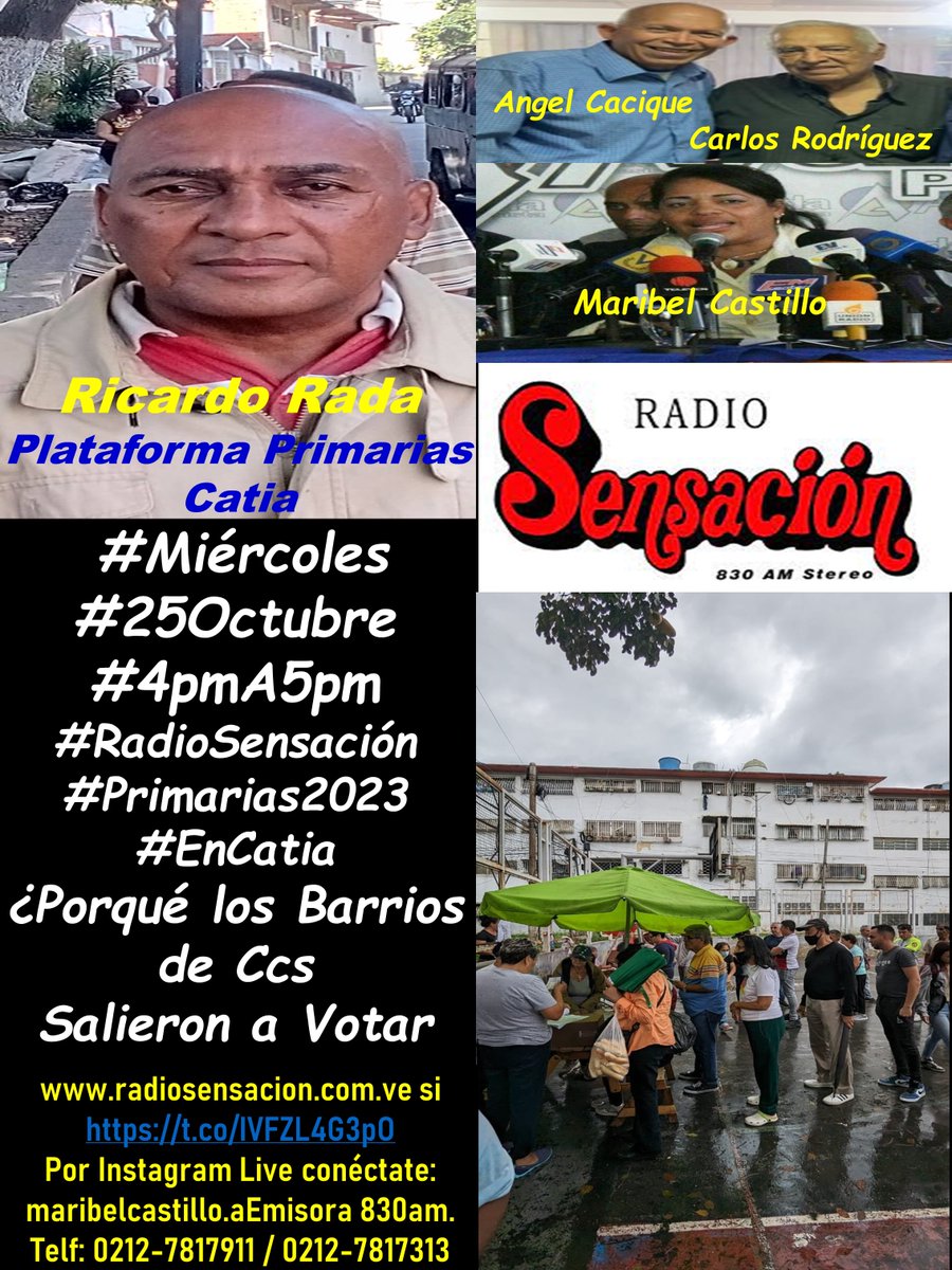 angelcacique's tweet photo. #Miércoles #25Oct23 #4pmA5pm #RadioSensación630AM Ricardo Rada Plataforma Primarias Catia, #CaraACara, Maribel Castillo @CastilloMaribel, Carlos Rodríguez @EdilcarlosR_Ccs, Angel Cacique. En Catia los fantasmas y los muertos salieron votar y aterraron al oficialismo. @ReporteYa https://t.co/iUbkIqSRaC