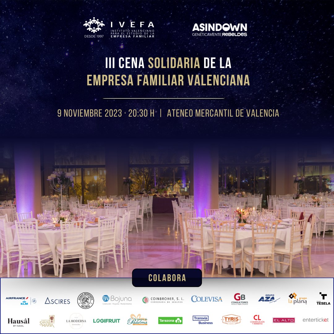 ⏳ ¡Tan solo faltan 2 semanas para la III #CenaSolidariaIVEFA de la #EmpresaFamiliar Valenciana a favor de <a href="/ASINDOWN/">ASINDOWN</a> en <a href="/AteneoValencia/">Ateneo Valencia</a>!

🎟 ¿Aún no tienes tus entradas? 👉🏻 enterticket.es/eventos/cena-s…