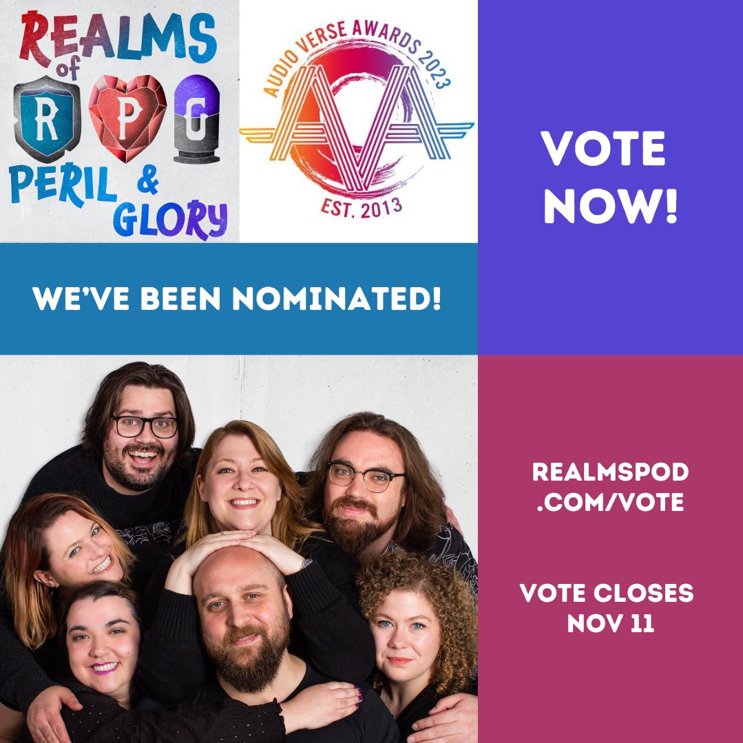 Realms of Peril & Glory (@realmspod) on Twitter photo 🚨WE'VE BEEN NOMINATED🚨
🗳️Realms of Peril and Glory is a semi-finalist in the Audio Verse Awards 2023!
 WE NEED YOU TO VOTE! 💥
⏳You have until 11 Nov!
🥰Show some love to fellow friends and nominees <a href="/FolxlorePod/">Folxlore</a>, <a href="/DarkDicePod/">The Dark Dice Podcast</a>, <a href="/amelia_podcast/">The Amelia Project</a> & more! 🚨WE'VE BEEN NOMINATED🚨
🗳️Realms of Peril and Glory is a semi-finalist in the Audio Verse Awards 2023!
 WE NEED YOU TO VOTE! 💥
⏳You have until 11 Nov!
🥰Show some love to fellow friends and nominees <a href="/FolxlorePod/">Folxlore</a>, <a href="/DarkDicePod/">The Dark Dice Podcast</a>, <a href="/amelia_podcast/">The Amelia Project</a> & more!