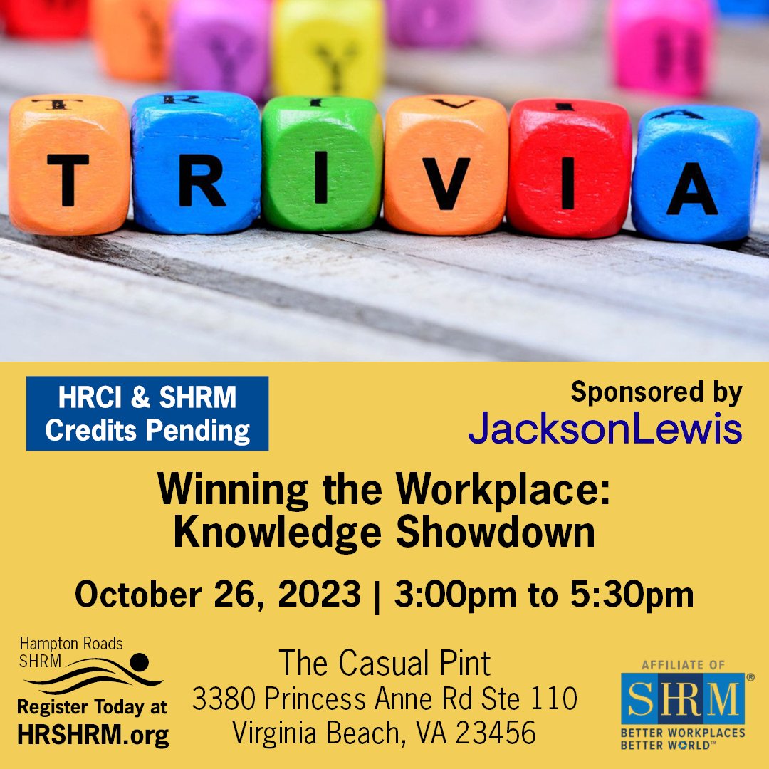 HR_SHRM's tweet photo. Join us on 10/26 for this interactive presentation testing your workplace compliance knowledge! Attendees will be split into teams to compete for who knows the most about workplace law.

Register today at https://t.co/hnGIZ3dVqg.

#HRSHRM #SHRM #HRCI #humanresources #workplace https://t.co/9ZfX1Nd7kF