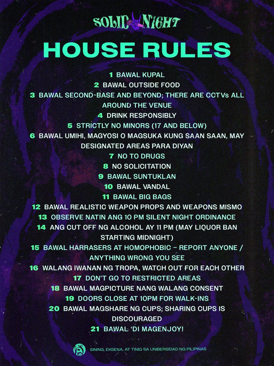 SETUP_UPB's tweet image. ‘Wag mo akong kulitin. 🔕
‘Wag mo akong tanungin.  ⛔️
Para ‘di mapatanong sa sarili kung kailan ba tayo nailang, basahin nang maigi ang OFFICIAL EVENT GUIDELINES 📜⚠️ ng #SOUNDCHECK16 #SOLIDN16HT dito!