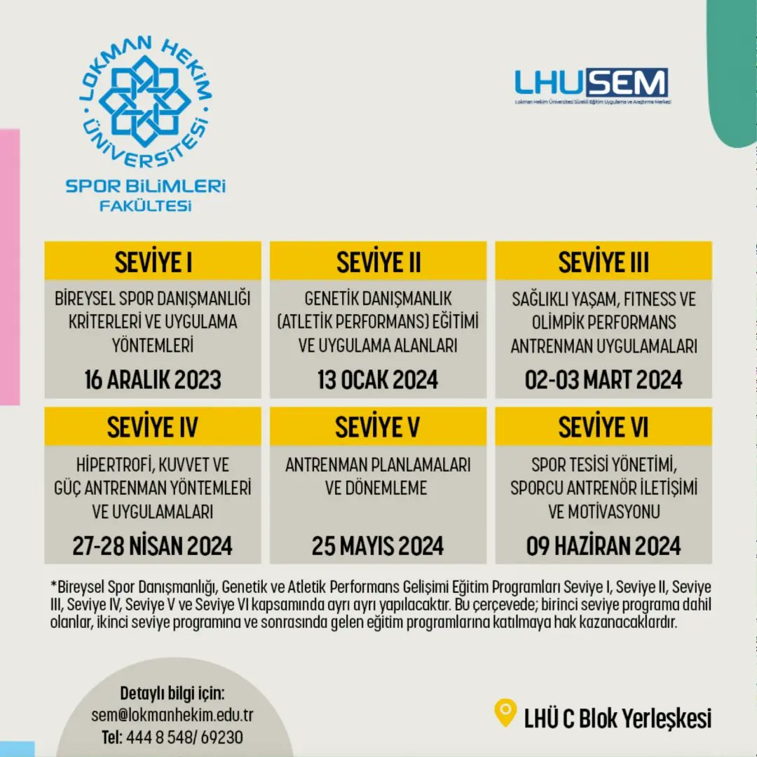 Lokman Hekim Üniversitesi Sürekli Eğitim Merkezi ve Spor Bilimleri Fakültesi iş birligi ile 16 Aralık 2023-9 Haziran 2024 tarihleri arasında yüz yüze Bireysel Spor Danışmanlığı Eğitim Programları gerçekleştirilecektir.

Program detayları⬇️