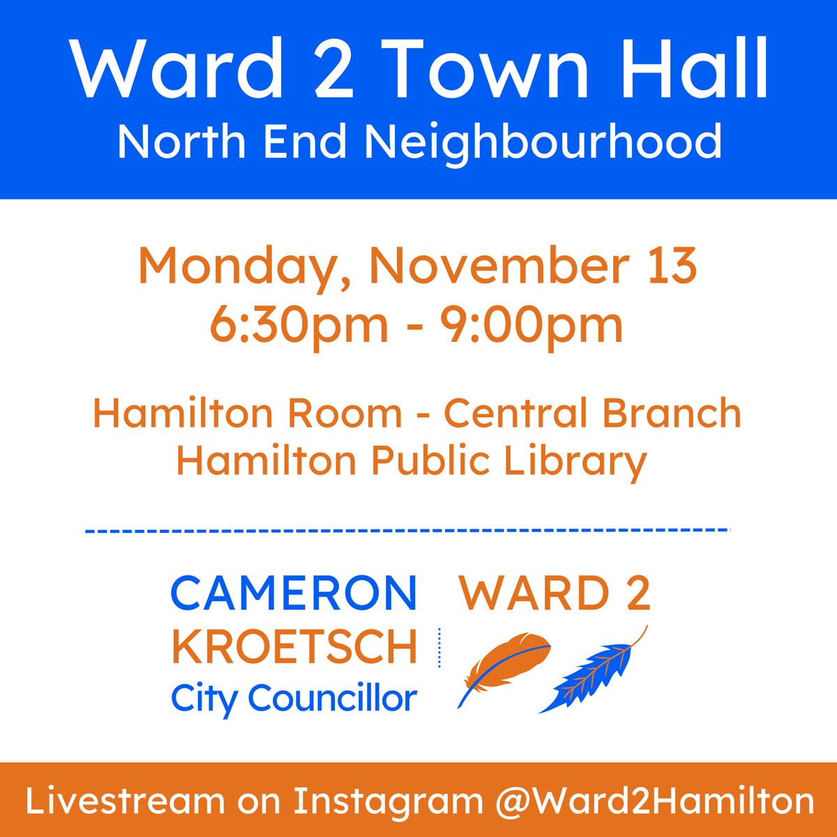 Our next Ward 2 Neighbourhood Town Hall is happening at the Hamilton Public Library's Central Branch in the Hamilton Room on November 13 at 6:30pm. This meeting is primarily for discussing things happening in the North End, but everyone in Ward 2 is welcome to attend. #HamOnt