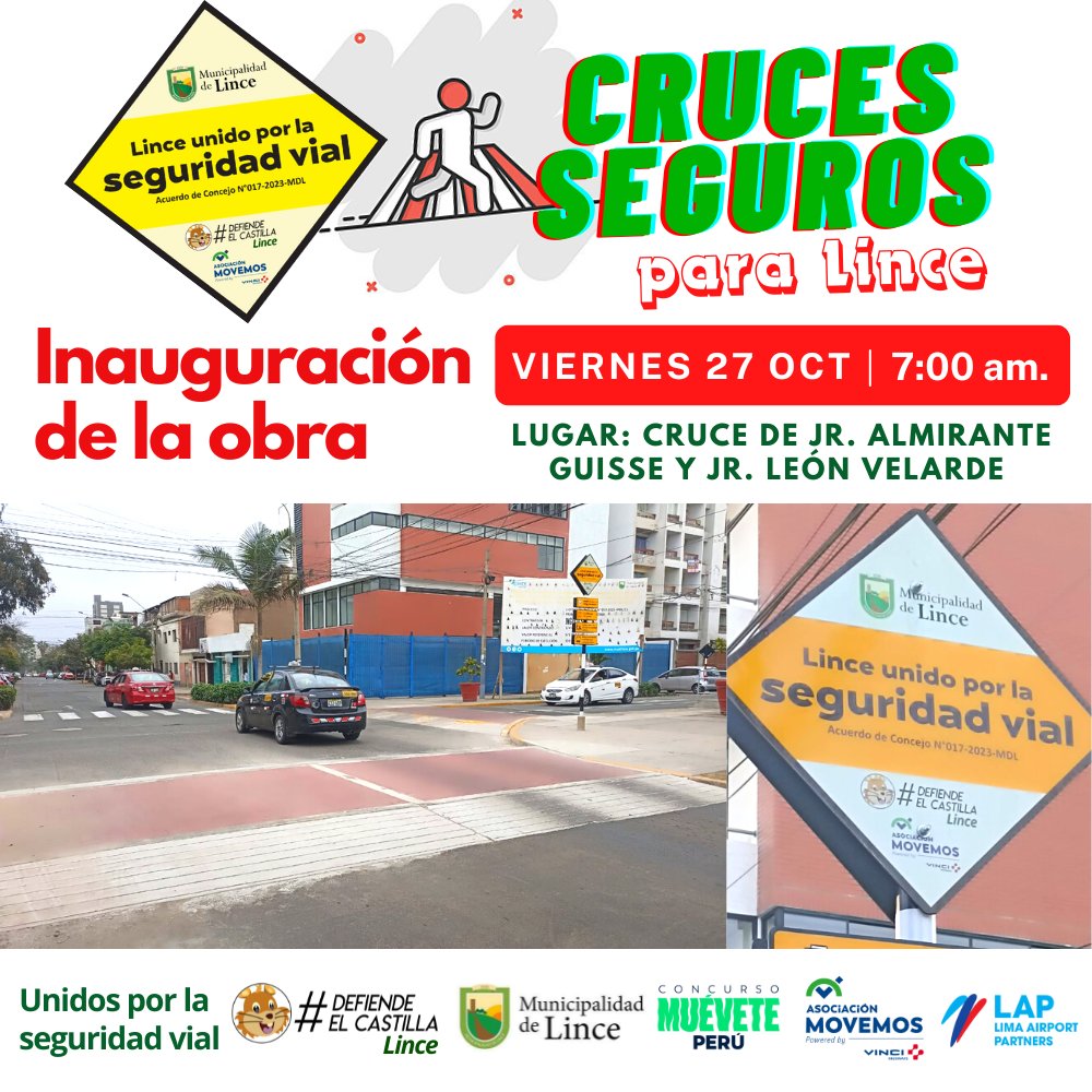 Te invitamos a la INAUGURACIÓN del proyecto 'CRUCES SEGUROS' de #Lince. En sinergia con la <a href="/Muni_Lince/">Municipalidad de Lince</a> y con el apoyo de <a href="/AsocMOVEMOS/">Asociación MOVEMOS</a> logramos instalar dos camellones de reducción de velocidad frente a la Casa del Adulto Mayor y letreros educativos para mejorar la seguridad vial.