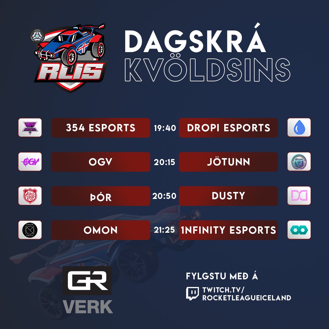 Það er komið að því, lokaumferð GR Verk deildarinnar er í kvöld 🫨🫨

1-3 sæti eru staðfest en spurning hvort OMON, 354 Esports eða Jötunn sigri miðjuna og hvort Dropi Esports eða 1nfinity Esports lendi í fallsætinu 🏎️⁉️

Ekki missa af æsispennandi leikjum!twitch.tv/rocketleagueic…