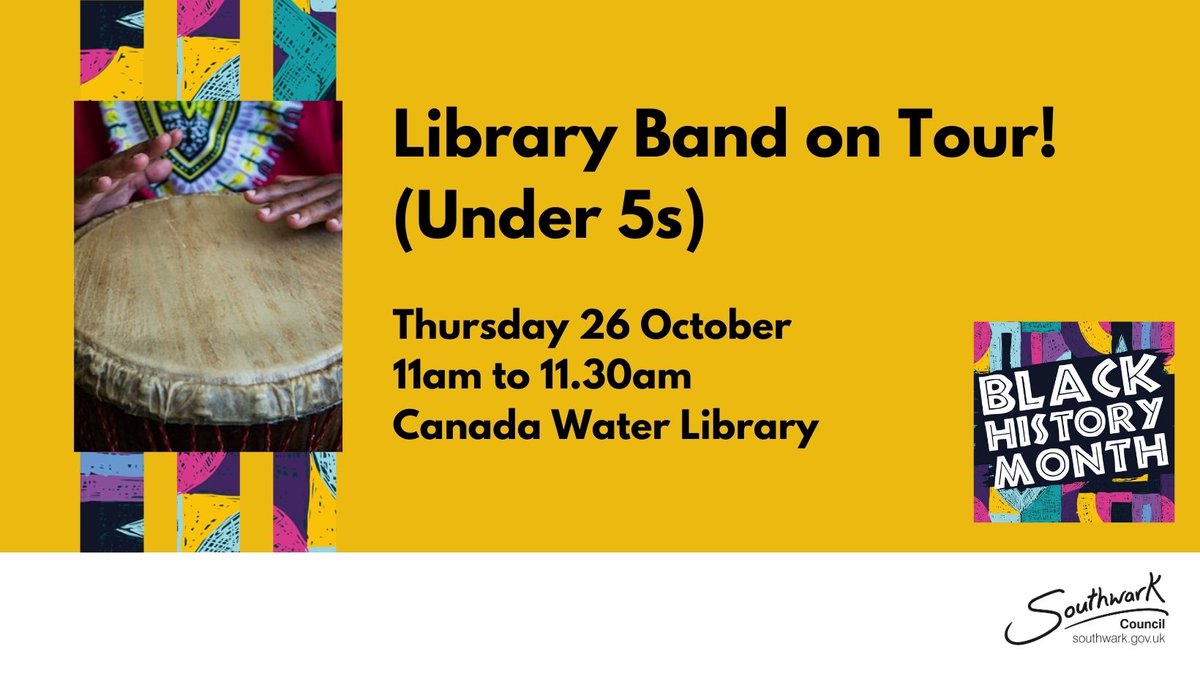 Tomorrow at #CanadaWaterLibrary!
Join the library band for traditional nursery rhymes, songs and movement with African and Caribbean beats and melodies. 
Suitable for ages 5 and under. 

Thursday 26 October 2023
11am to 11:30am

#BlackHistoryMonth