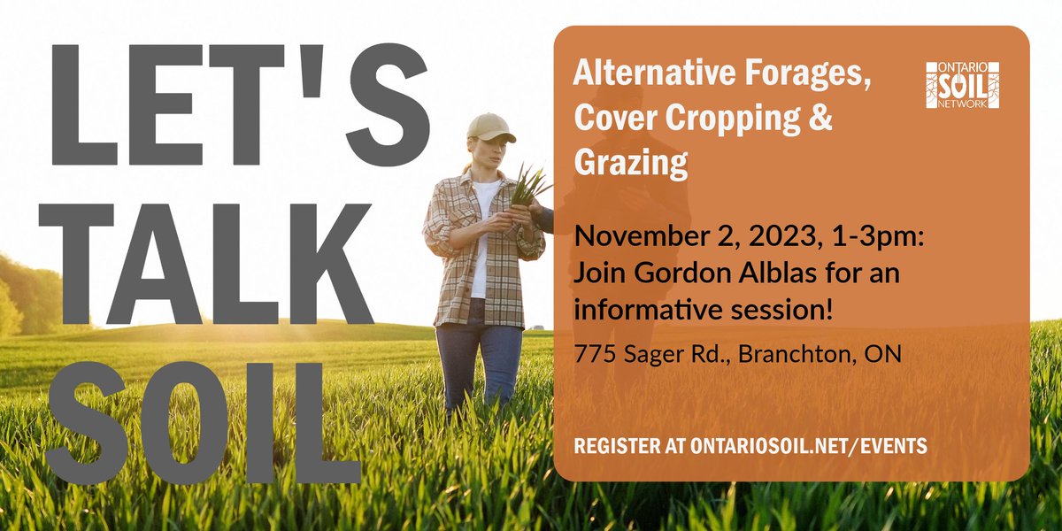 Ontario Soil Network (@soilnetwork) on Twitter photo Come out on November 2 from 1-3pm and join <a href="/CrazysoilGord/">Gordon Alblas</a> for a field tour! We are talking alternative forages, cover cropping and grazing.
Register here: ow.ly/9sGU50PXitP
#LetsTalkSoil #OntAg Come out on November 2 from 1-3pm and join <a href="/CrazysoilGord/">Gordon Alblas</a> for a field tour! We are talking alternative forages, cover cropping and grazing.
Register here: ow.ly/9sGU50PXitP
#LetsTalkSoil #OntAg