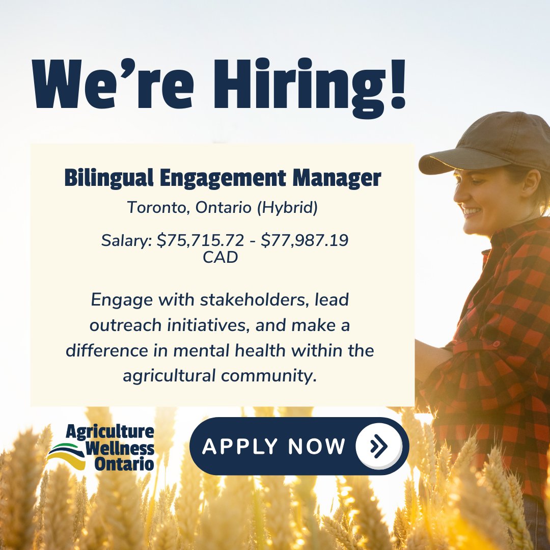 We're looking for a Bilingual Engagement Manager to join our Agriculture Wellness team! 💚

Engage with stakeholders, lead outreach, and make a difference in mental health within the ag community. 🌾

🔗 Apply Now: ow.ly/2m1H50Q0k5C

#Hiring #MentalHealth