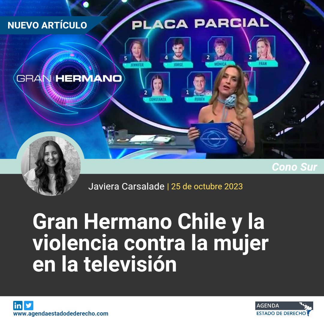 🇨🇱El caso de #GranHermanoCHV pone de manifiesto la falta de un protocolo efectivo para abordar la violencia contra la mujer en la televisión, lo que plantea cuestiones sobre el respeto a sus derechos humanos. Lee a ✍️<a href="/javieracarsm/">Javiera C.</a> aquí: agendaestadodederecho.com/gran-hermano-c… #LaResistencialulo