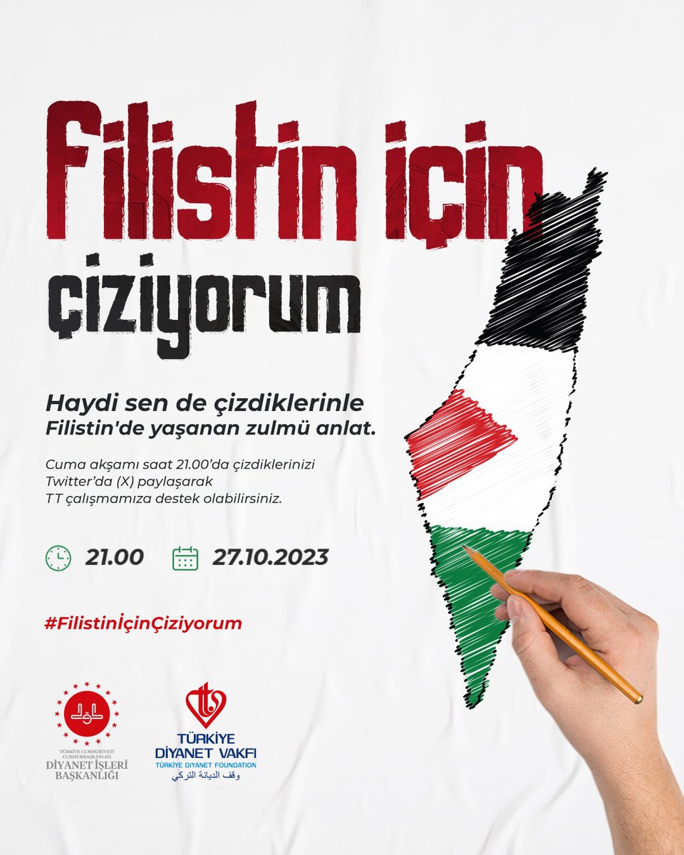 DiyanetVakfi's tweet photo. Özgür Filistin’in yanındayız

Haydi sen de çizdiklerinle Filistin'de yaşanan zulmü anlat! Filistin’deki soykırıma karşı farkındalık oluşturmak için çizdiğin resimleri, 27 Ekim Cuma günü saat 21.00'da Twitter’da (X) bizimle eş zamanlı paylaşarak, ateşe su taşıyan karınca misali kardeşlerinin yanında ol.   

#FilistinİçinÇiziyorum