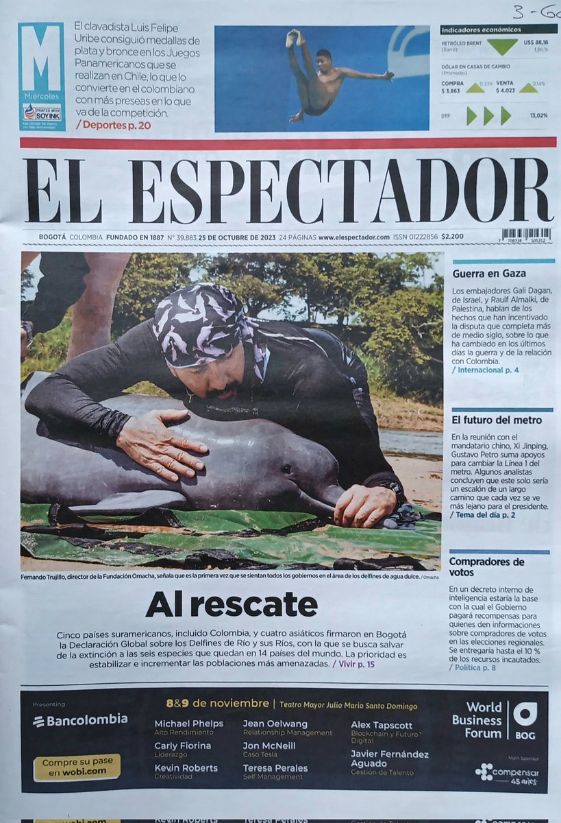 SergioSilva03's tweet photo. Ayer, en Bogotá, varios gobiernos de Sur América y Asia acordaron sumar esfuerzos para proteger a los delfines de río. 

Merecían portada los delfines. 

https://t.co/9zhC3BwLjP https://t.co/rEsF6KRvWb