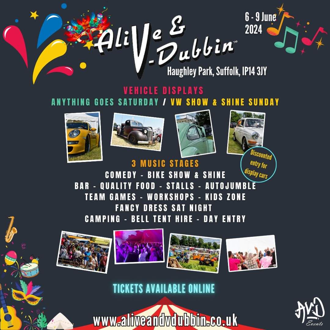 Alive &amp; V-Dubbin Festival 2024
6th - 9th June 2024
@ Haughley Park, Suffolk

Over half the Glitzy (Electric hook up) plots have sold!

Don't miss out, order online now &amp; make a saving with Tier 1 Tickets.

Pay in monthly instalments.

aliveandvdubbin.co.uk/alive-and-v-du…
