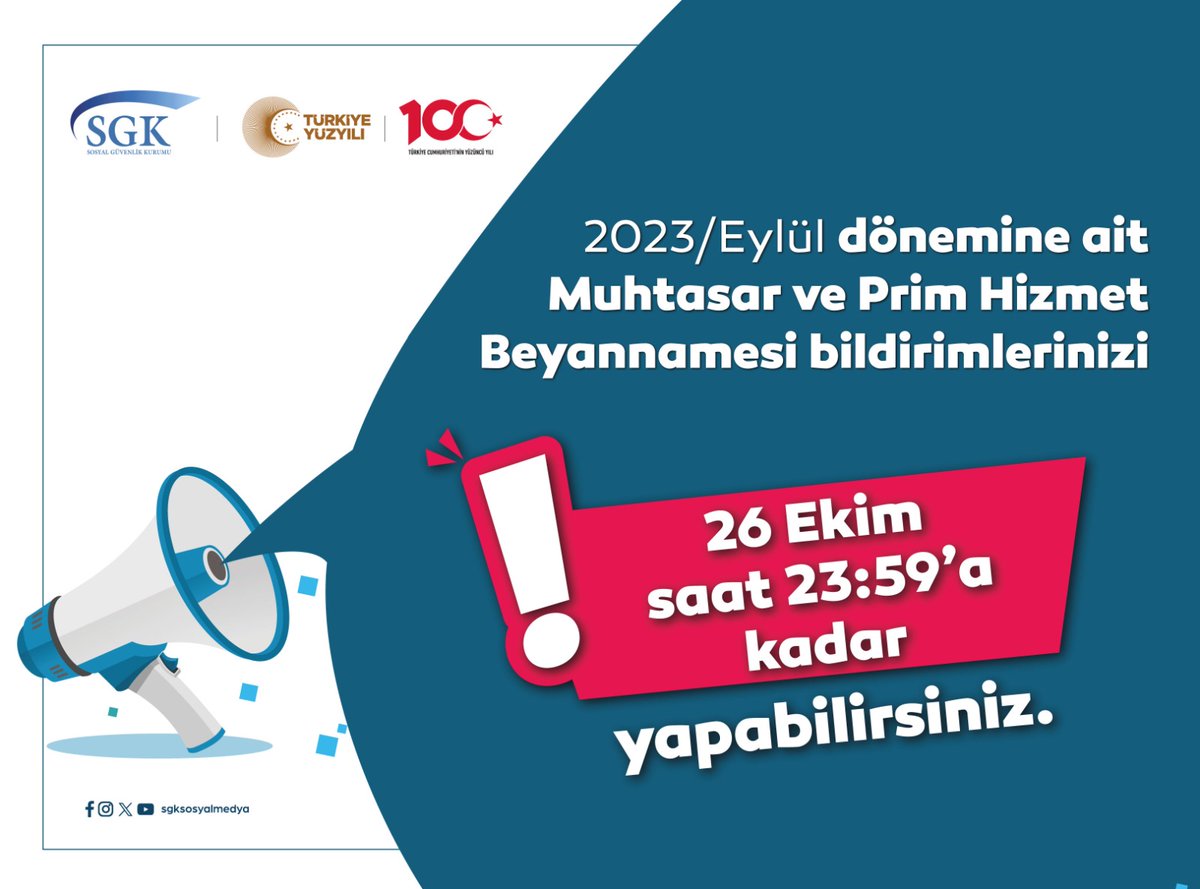 sgksosyalmedya's tweet photo. 2023/Eylül dönemine ait Muhtasar ve Prim Hizmet Beyannamesi bildirimlerinizi 26 Ekim 2023 saat 23.59’a kadar yapabilirsiniz. 

Destek için;   
📞 Alo 170/VİMER 189 arayabilir,   
💻 isverensistemi@sgk.gov.tr ve mphb@gelirler.gov.tr adresinden ulaşabilirsiniz. 

#muhtasarveprimhizmet