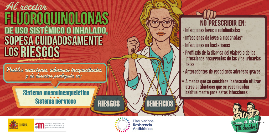 🆕Nuevo cartel "Ni menos, ni más, ¡tú decides!" para recordar a los sanitarios los riesgos asociados al uso de fluoroquinolonas de uso sistémico o inhalado, así como las situaciones en las que no deben utilizarse. Colaboración entre <a href="/AEMPSgob/">AEMPS</a> y <a href="/PRANgob/">Plan Antibióticos</a> 
🔗bit.ly/3s8AiR5