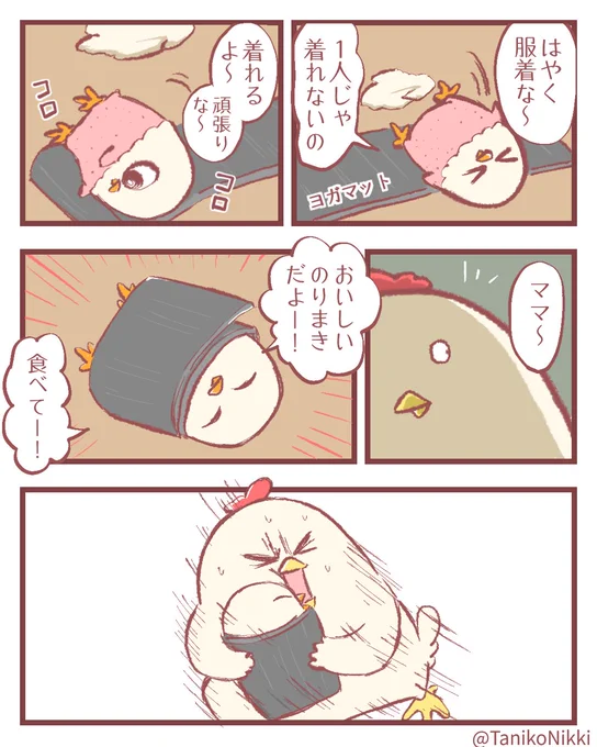 ヨガマットで大変身  #鶏さんの絵日記