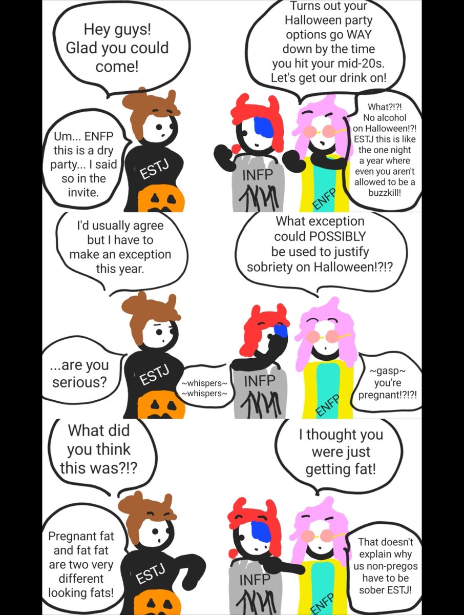 BadlyDrawnMBTI's tweet photo. It's spooky season. #estj #enfp #infp #spookymonth #Halloween https://t.co/mZvRJWuNRy