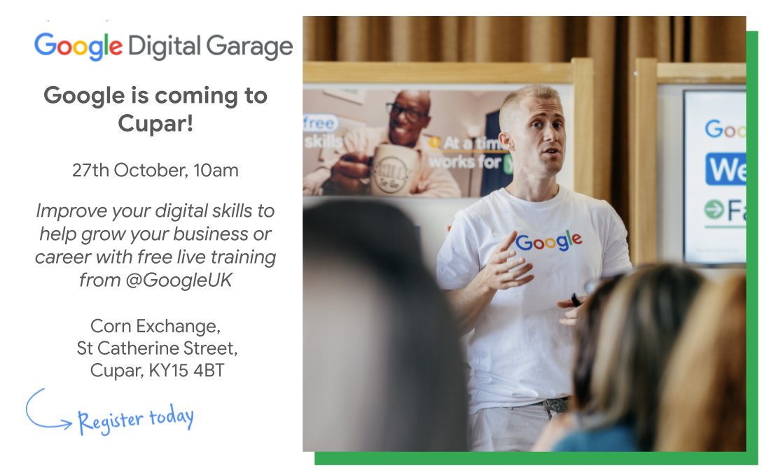 Hey, people of #Cupar &amp; #Fife, <a href="/GoogleUK/">Google UK</a>'s Digital Garage is coming to you this Friday 27th Oct! This FREE event will help improve your #digitalskills to help your business or career grow. 🚀 Sign up here 📷 rsvp.withgoogle.com/events/pontypo……

<a href="/FifeCouncil/">Fife Council</a> <a href="/BGFife/">Business Gateway Fife</a> <a href="/FifeChamber/">Fife Chamber of Commerce</a>