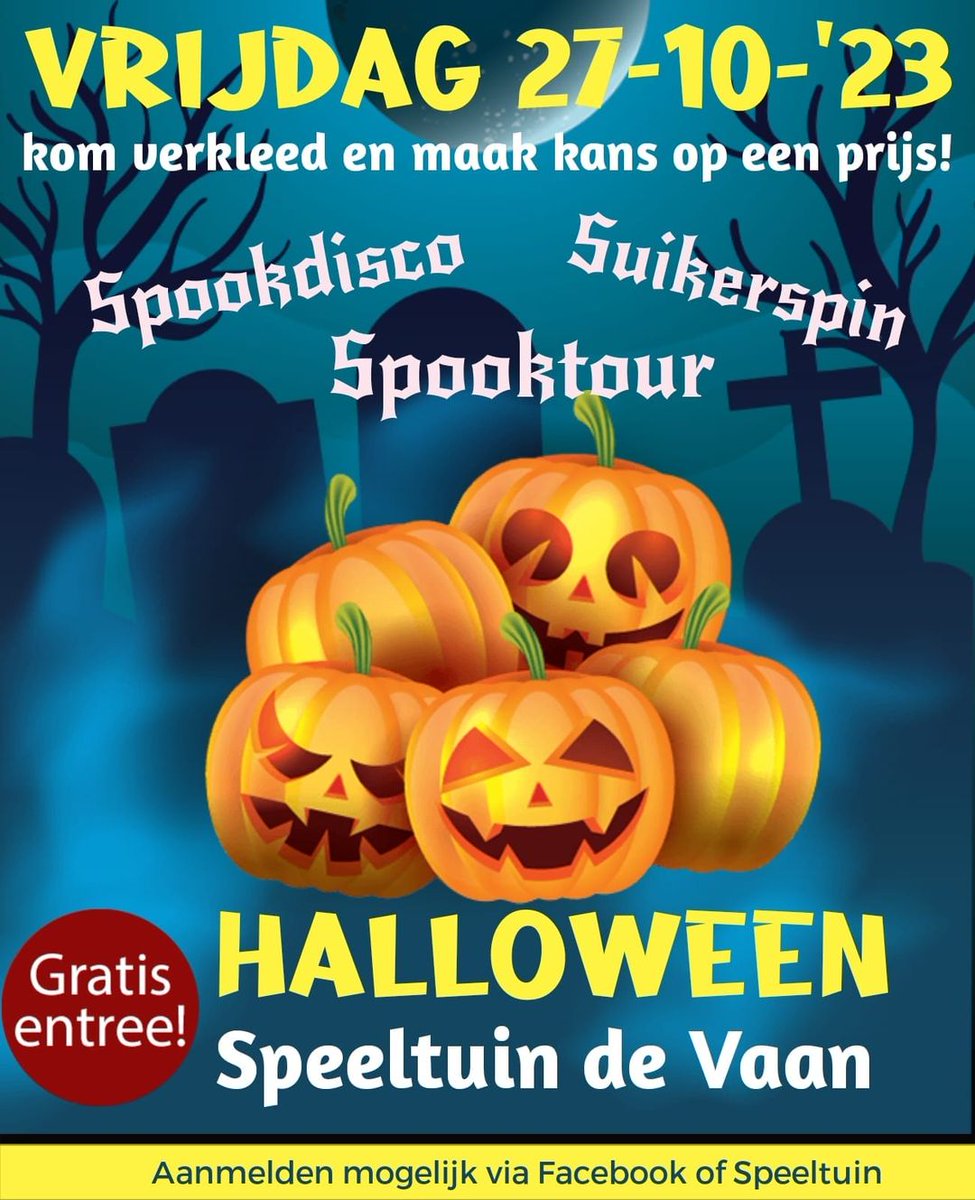 Halloween in Speeltuin de Vaan🎃

Speeltuin de Vaan organiseert aanstaande vrijdag ook Halloween! Kom verkleed en maak kans op een prijs! Aanmelden is verplicht en het festijn start om 19:00 uur.

Lees er meer over op onze website: 
tinyurl.com/ybr7bp7p

#Vreewijk