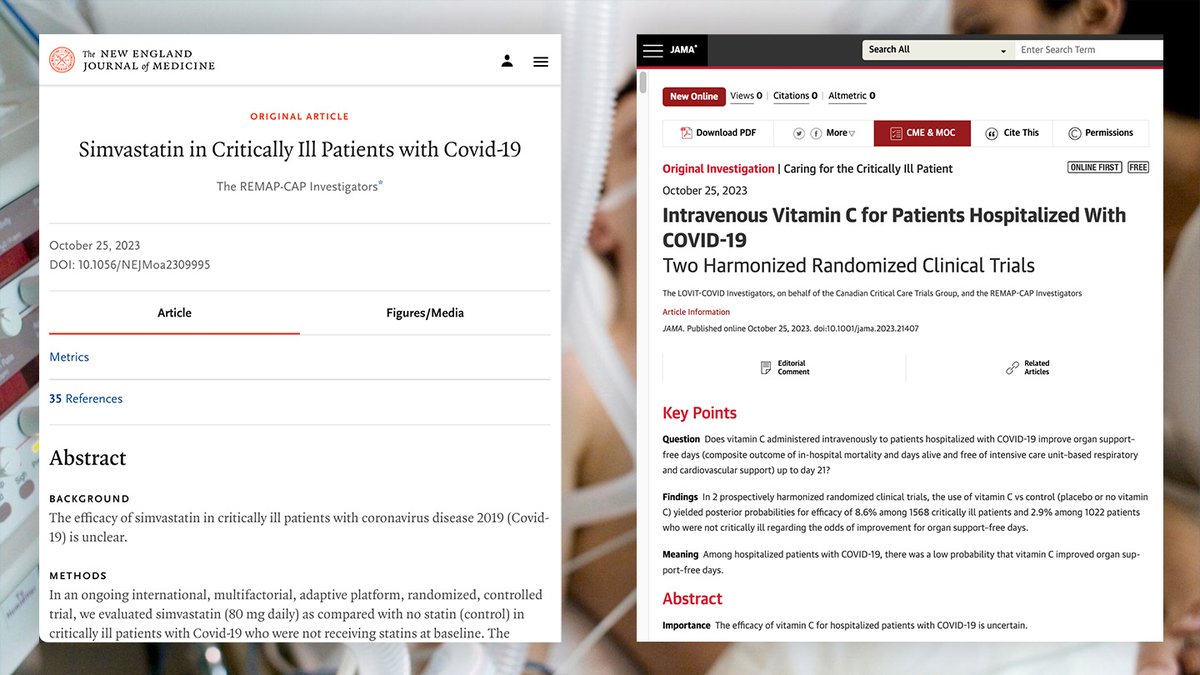 📣 2 major new REMAP-CAP papers were released moments ago! 📄 Intravenous #VitaminC for Patients Hospitalized with #COVID19: Two Harmonized Randomized Clinical Trials 👉 jamanetwork.com/journals/jama/… 📄 #Simvastatin in Critically Ill Patients with COVID-19 👉 nejm.org/doi/full/10.10…