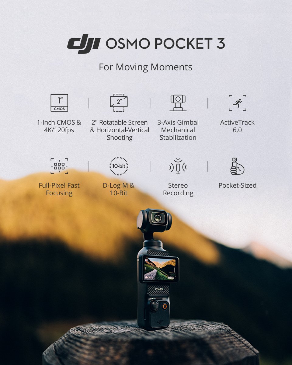 Meet the all-new Osmo Pocket 3 ✅ 1' CMOS capable of up to 4K/120 fps, 10-bit & D-Log M ✅ 3-axis stabilization ✅ Full-Pixel Fast Focus And still the same pocket-sized form factor as always 😎 Discover more: bit.ly/45MXF0n