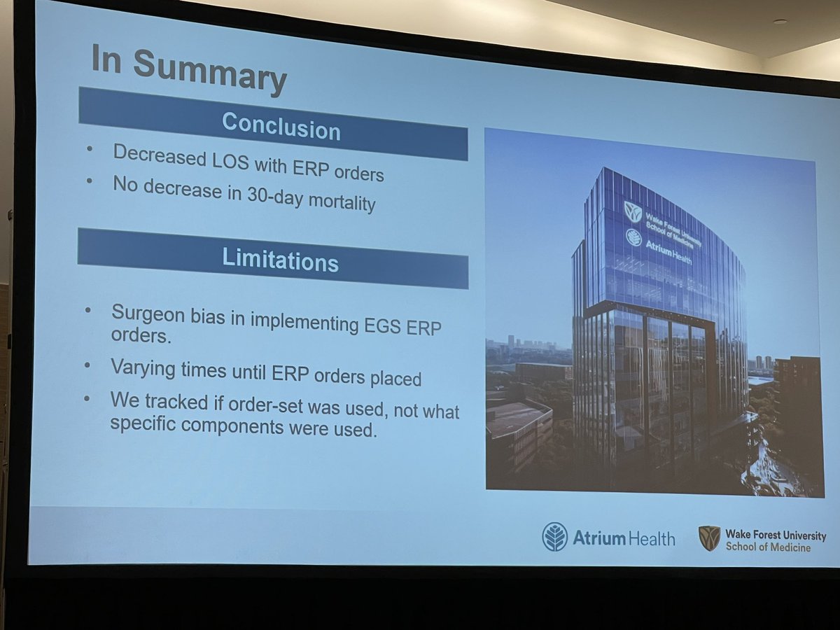 @CSanderferMD presenting on our EGS Enhanced Recovery Pathway results, ERP ⬇️ LOS, patient selection is key but benefits even if started later in stay. #ACS2023 @AtriumHealth @CMC_GSResidents @CEReinke @cindylou_trauma @traumayeti @BrentDMatthews @AddisonMay11 @ccsos_atrium