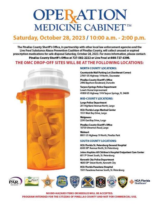HealthyPinellas's tweet photo. Never get rid of expired or unwanted #Rx in the trash or down the pipes! Dispose of them safely on Saturday, Oct. 28 at one of 10 locations that are part of Operation Medicine Cabinet. Please don't bring needles or biohazard items. https://t.co/vQD9Nc3WJU