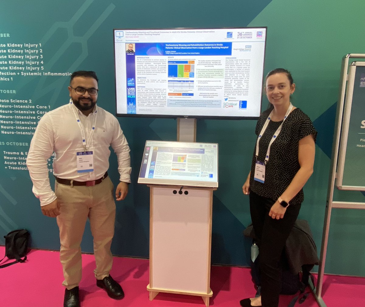 Great to be back at the ESICM this week!🇮🇹 Amazing job from Bilal presenting our poster looking at trache weaning and rehab outcomes in stroke patients ✅ #KCHCritCarePT #milan #ESICM