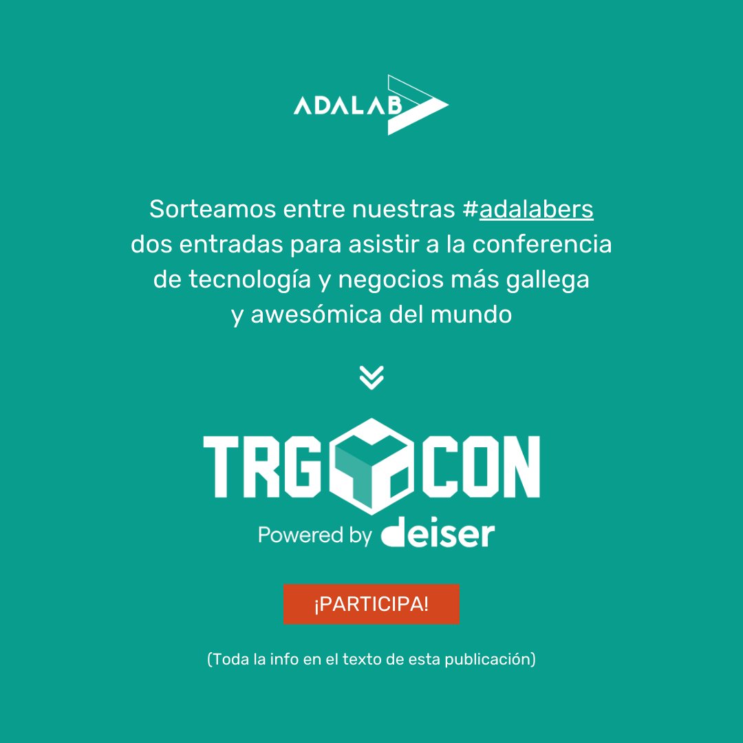📣 ¡NOTICIÓN! 📣 Vamos a regalar entre nuestras #adalabers, 2 entradas para #TRG23 <a href="/tarugoconf/">TRGCON</a> → La #conferencia de tecnología y negocios más gallega y #awesómica del Mundo que tendrá lugar del 26 al 28 octubre en La Nave (Madrid).
⬇️ ¡Sigue leyendo! ⬇️
