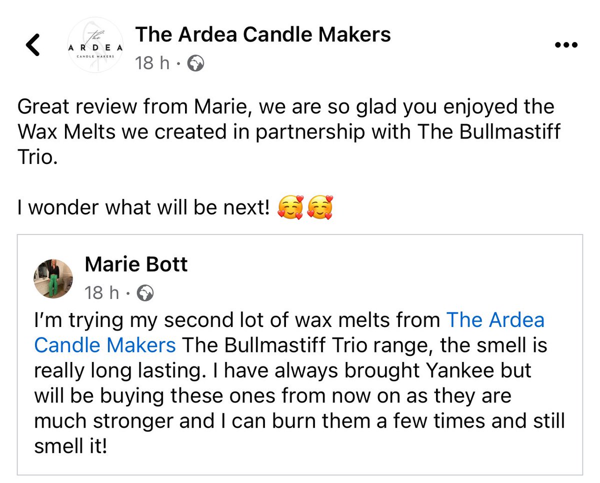 ardeacandle's tweet photo. A great review! Thank you 🤩 

Make sure you get your candles 🕯️ from ourselves The Ardea Candle Makers. 

https://t.co/uNsI5faacL

#candle #gifts #candlelifestyle #candlelover #EcoFriendly https://t.co/In0eaysSjx
